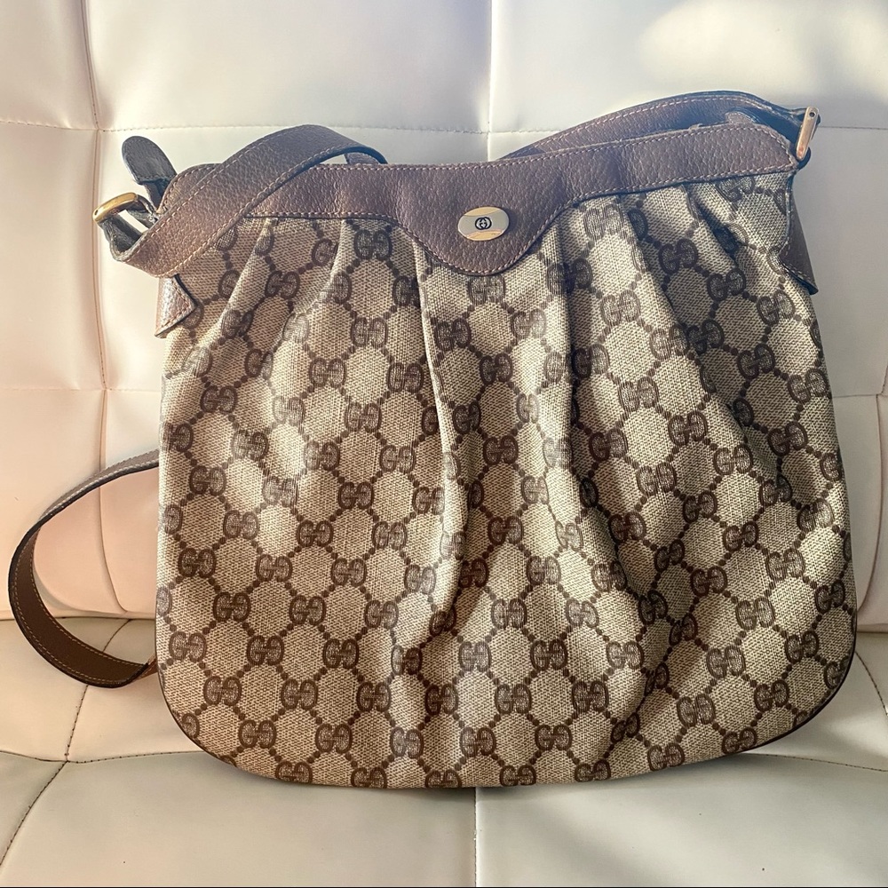 Vintage Gucci GG monogram brown beige coated canvas medium crossbody